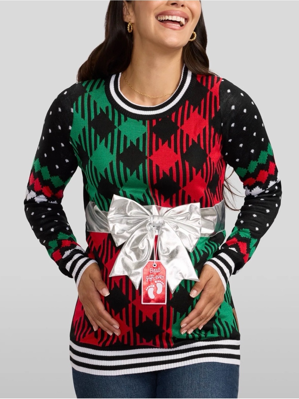 Maternity Christmas Best Gift Ever Red & Green Diamond Bow Sweater M